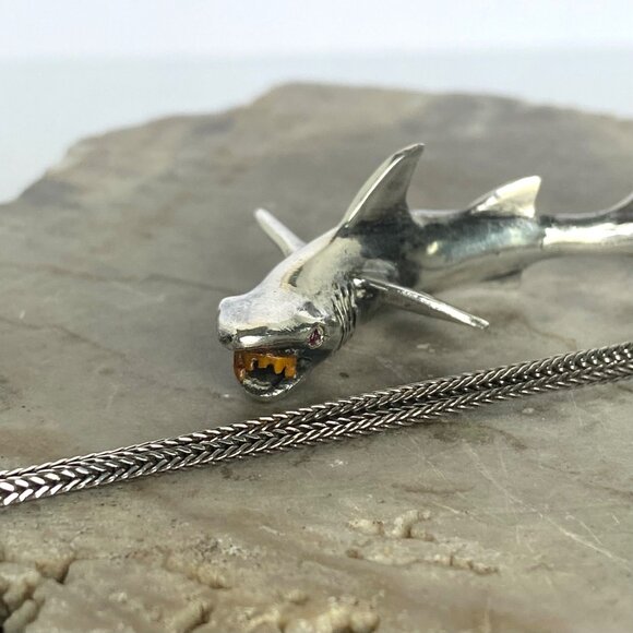 VTG Sterling Silver 925 3 Dimensional Great White Shark Pendant Necklace 24" - Picture 5 of 16